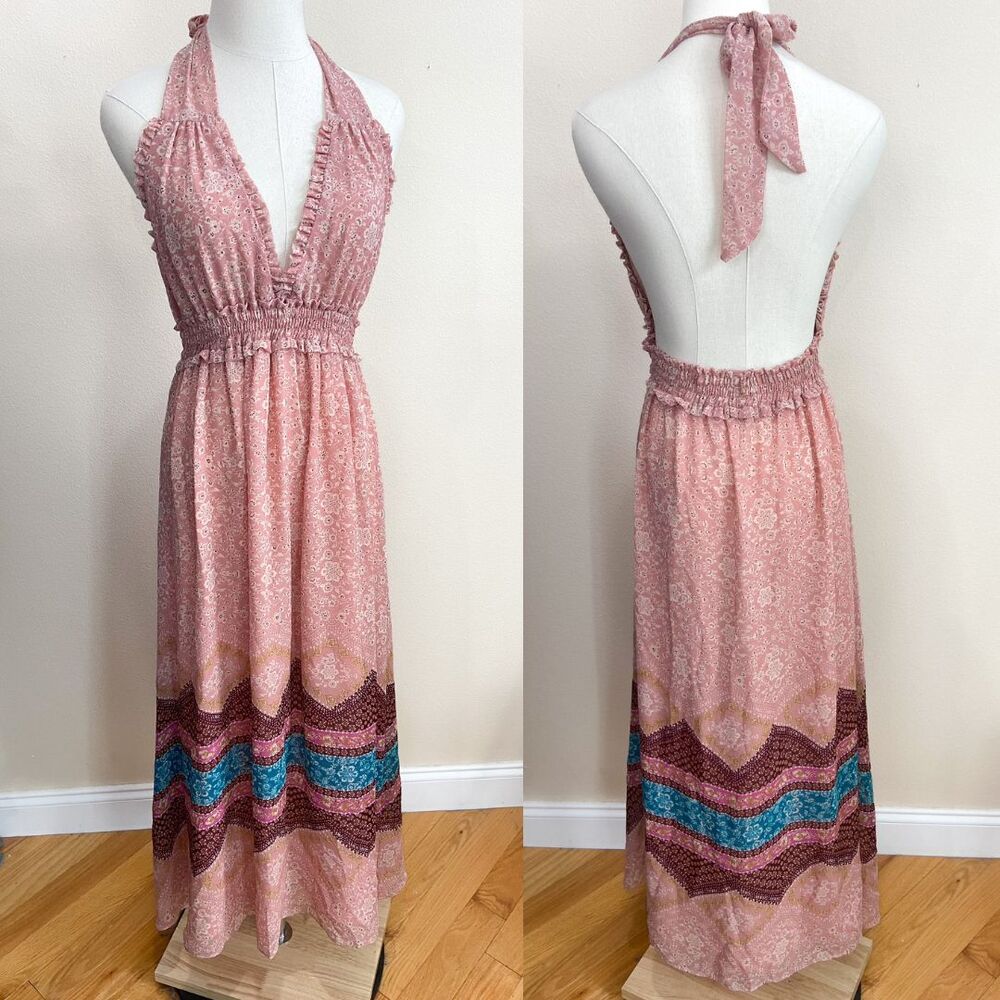 MISA Boho Halter Neck Maxi Dress sz Medium Open Back Ruffles Deep V Chiffon